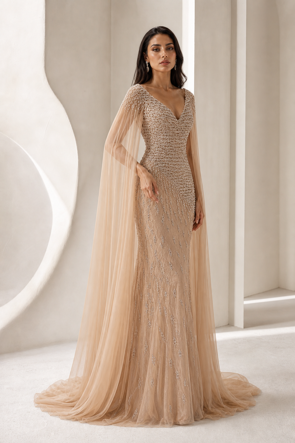 Champagne Beaded Cape-Sleeve Gown