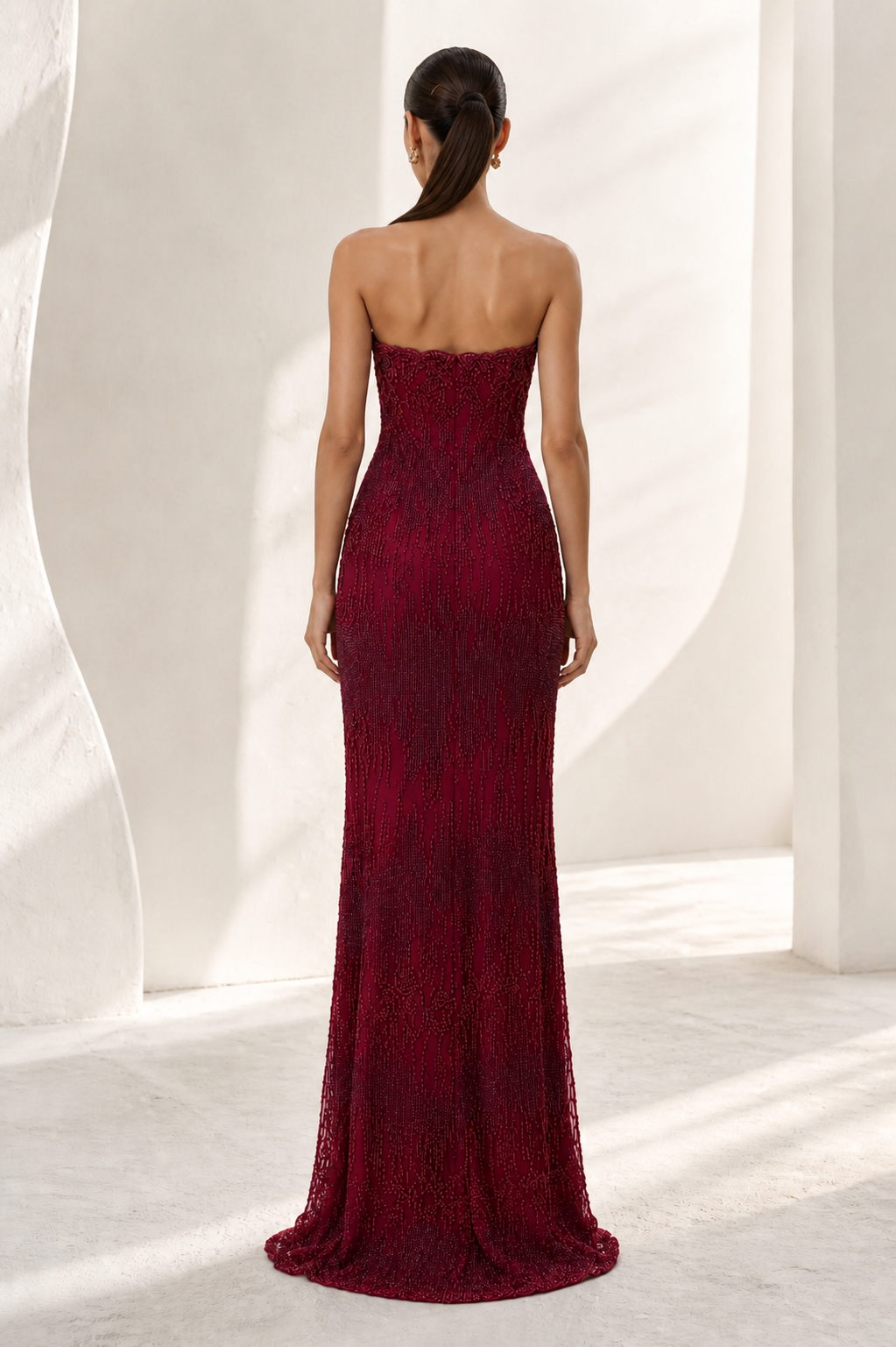 Wine Beaded Strapless Column Gown