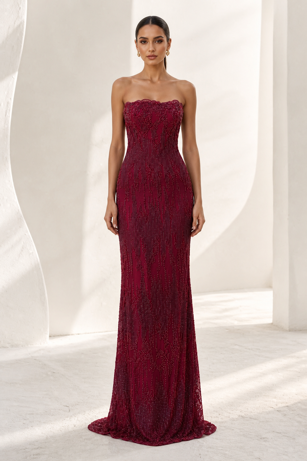 Wine Beaded Strapless Column Gown