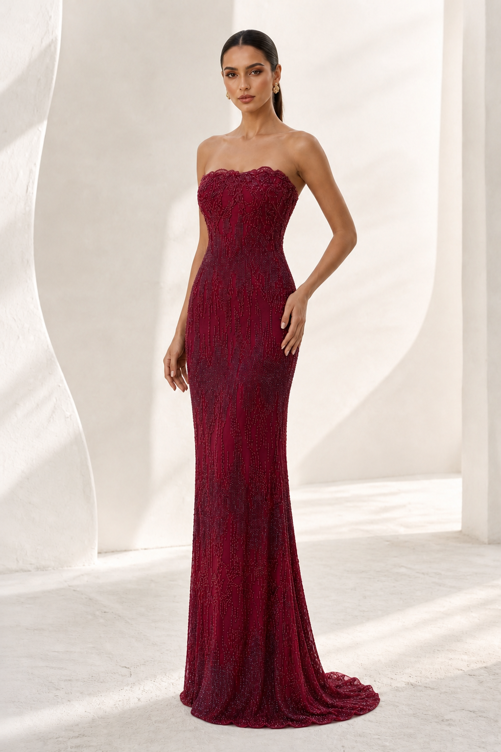 Wine Beaded Strapless Column Gown