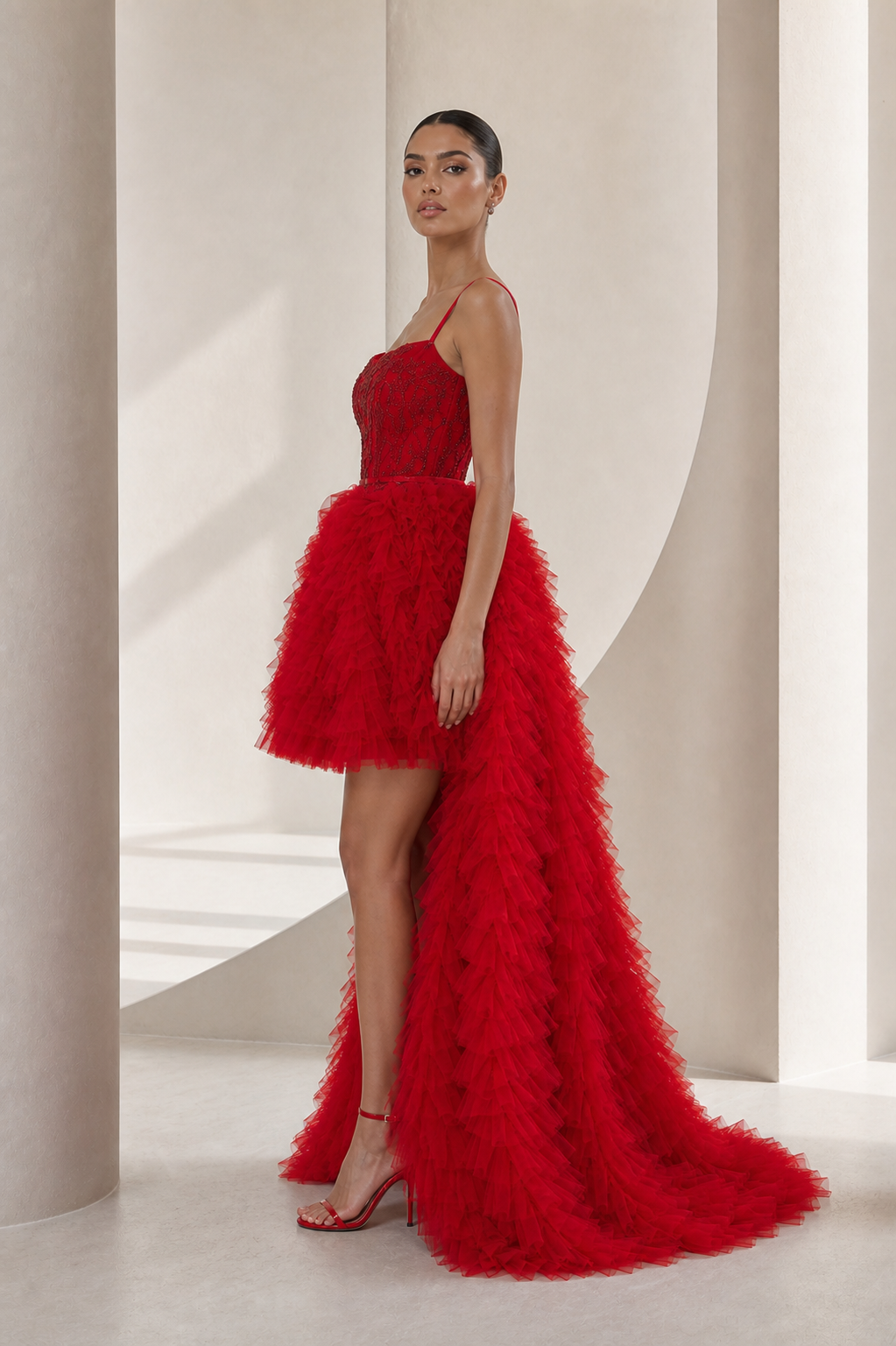 Crimson Tiered Tulle High-Low Gown