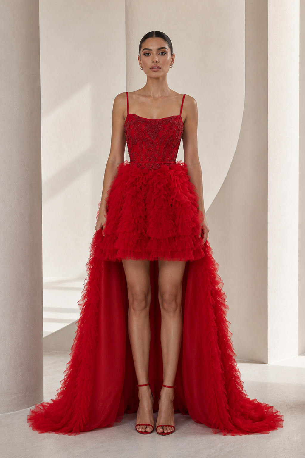 Crimson Tiered Tulle High-Low Gown