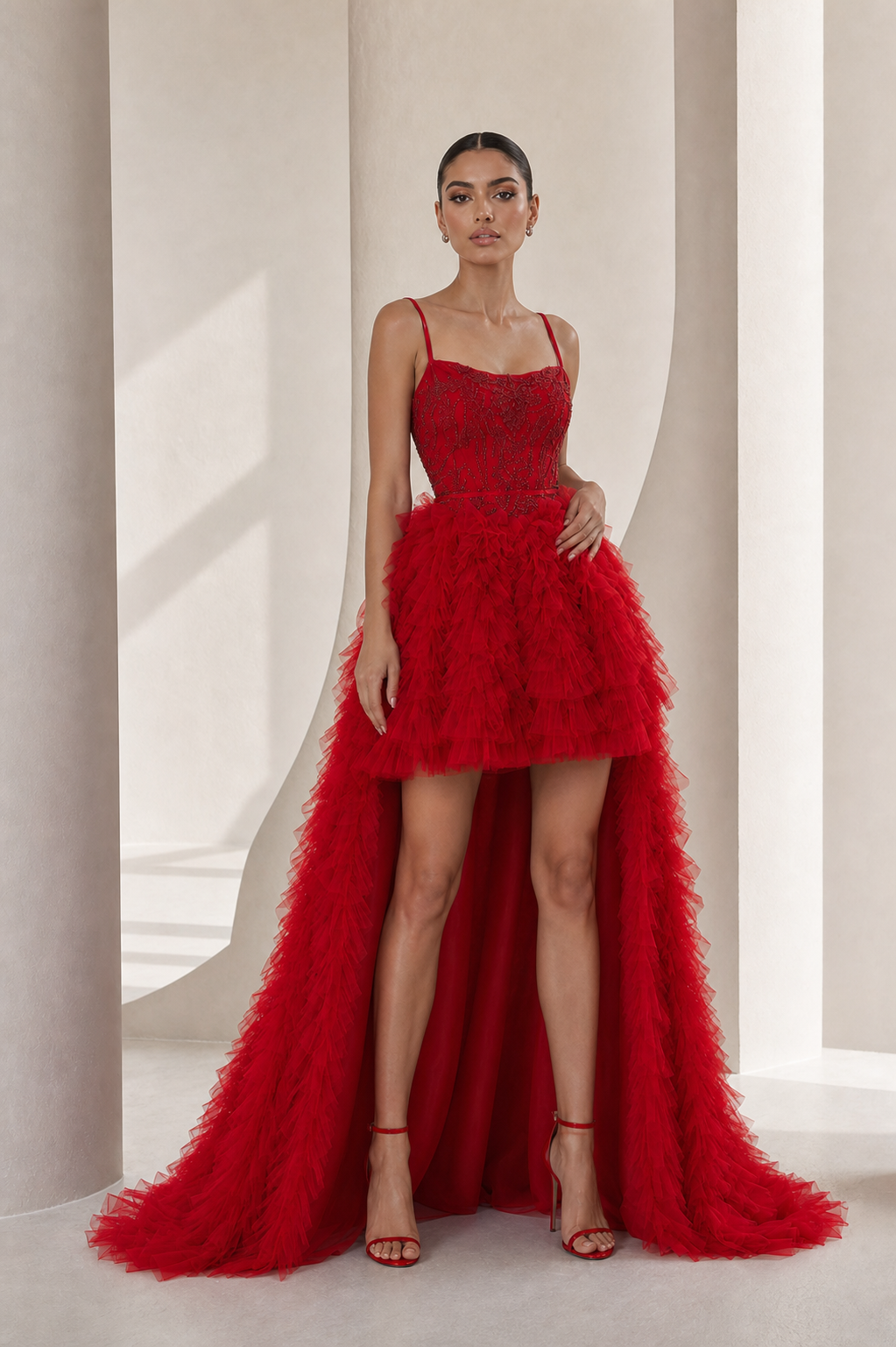 Crimson Tiered Tulle High-Low Gown