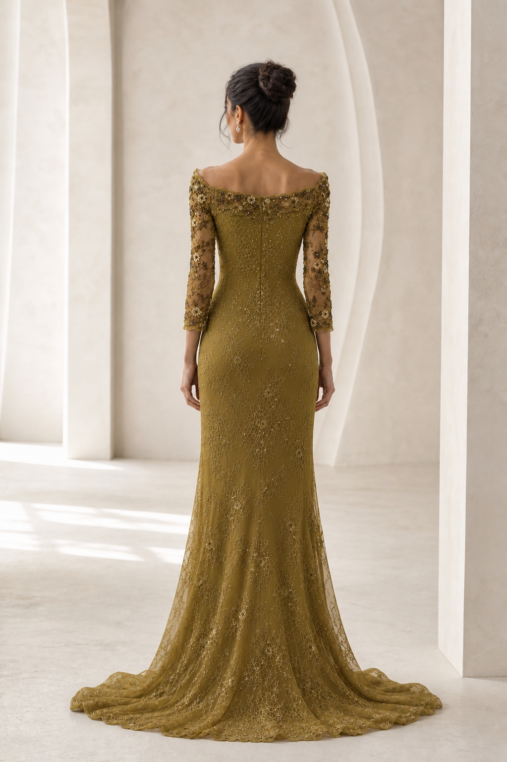 Olive Gold Off-Shoulder Lace Mermaid Gown