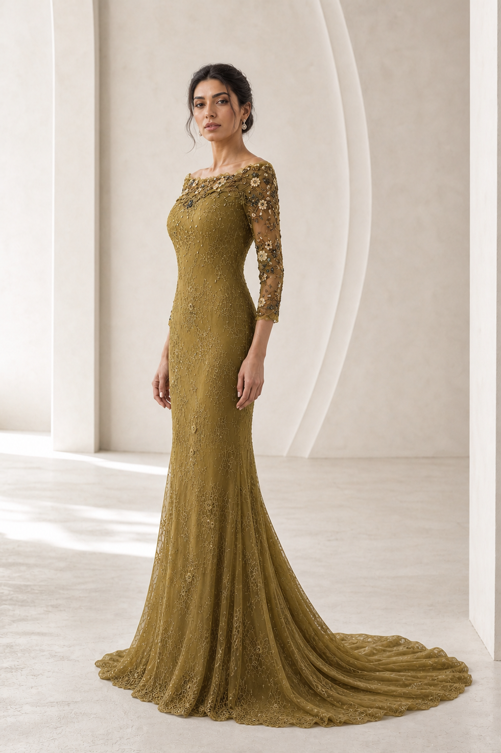 Olive Gold Off-Shoulder Lace Mermaid Gown