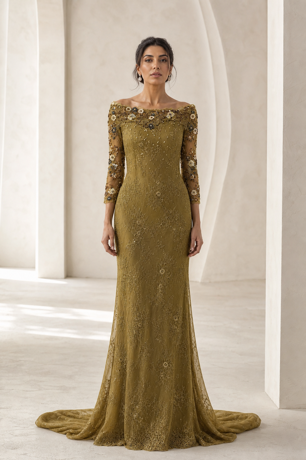 Olive Gold Off-Shoulder Lace Mermaid Gown