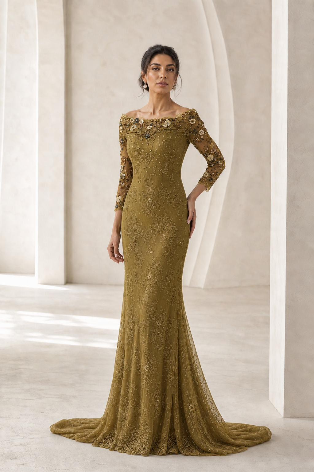 Olive Gold Off-Shoulder Lace Mermaid Gown