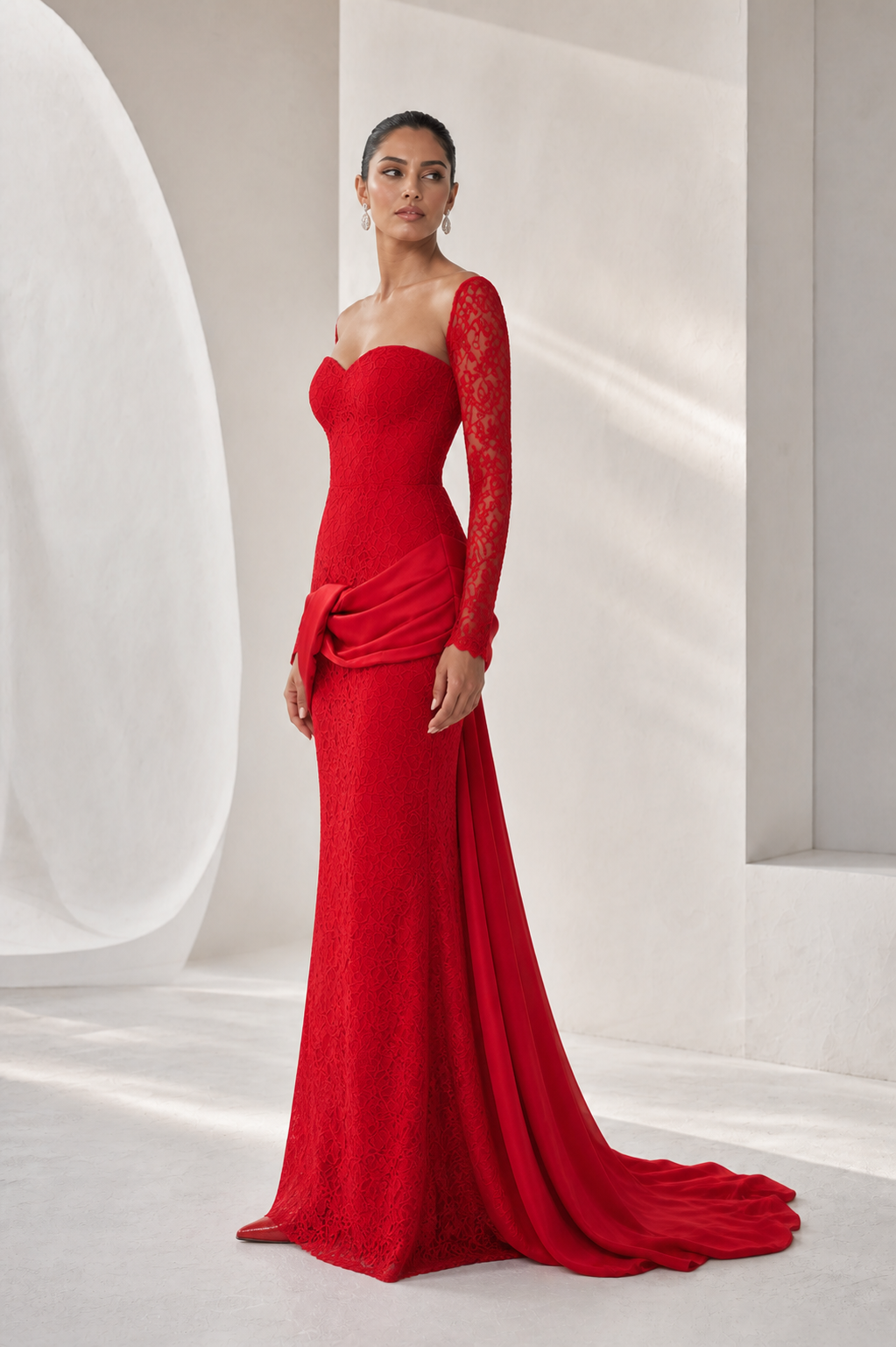 Red Lace Off-Shoulder Mermaid Gown