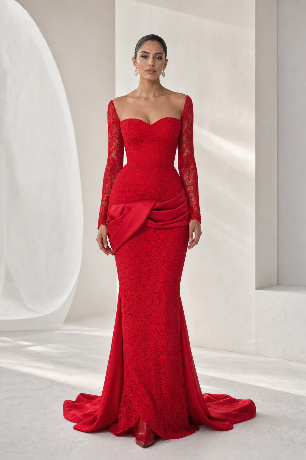 Red Lace Off-Shoulder Mermaid Gown