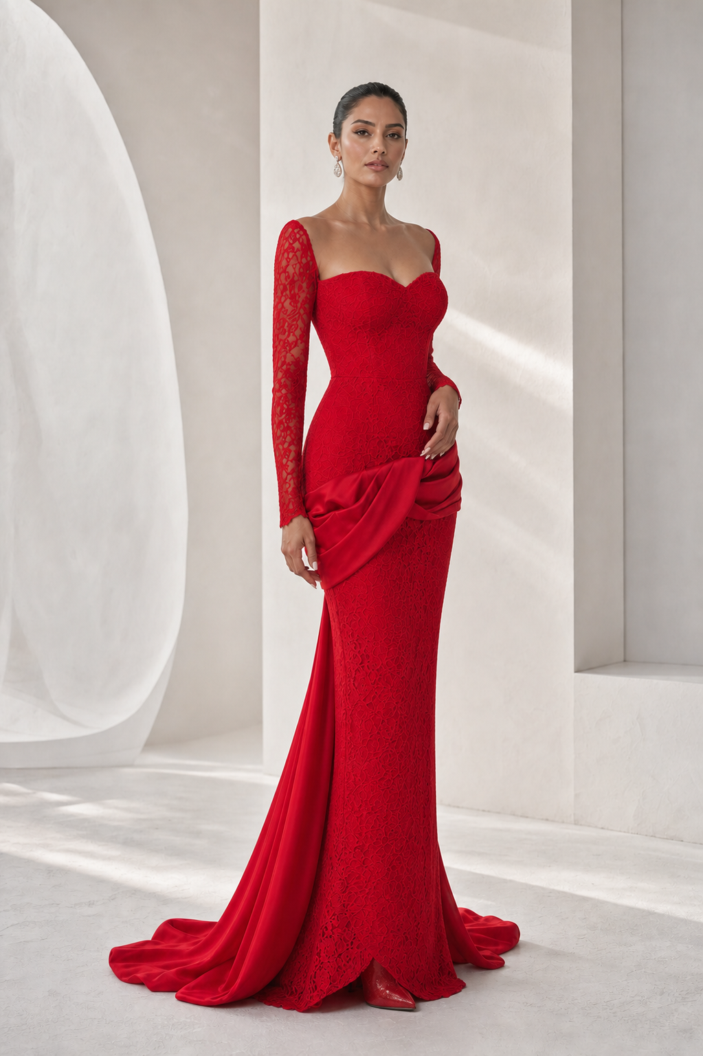 Red Lace Off-Shoulder Mermaid Gown