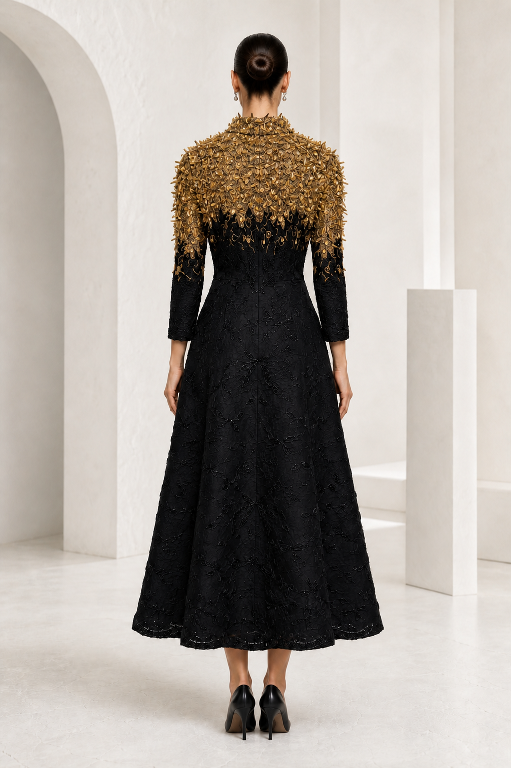 Black & Gold Embellished Tea-Length Dress