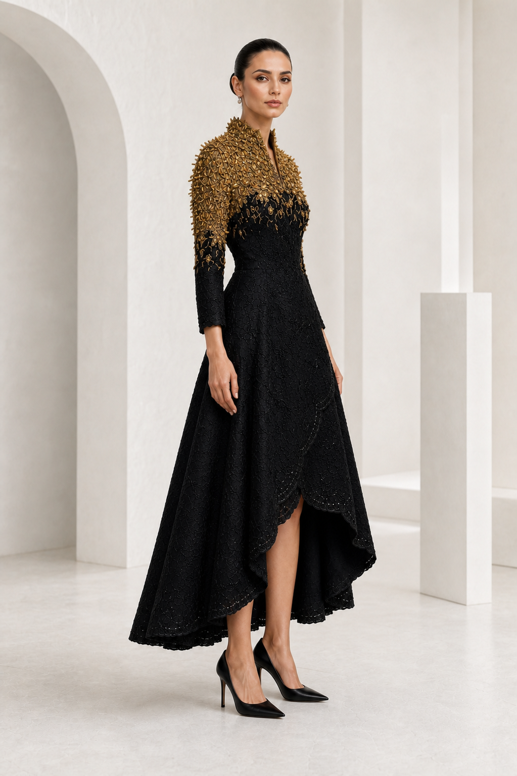 Black & Gold Embellished Tea-Length Dress