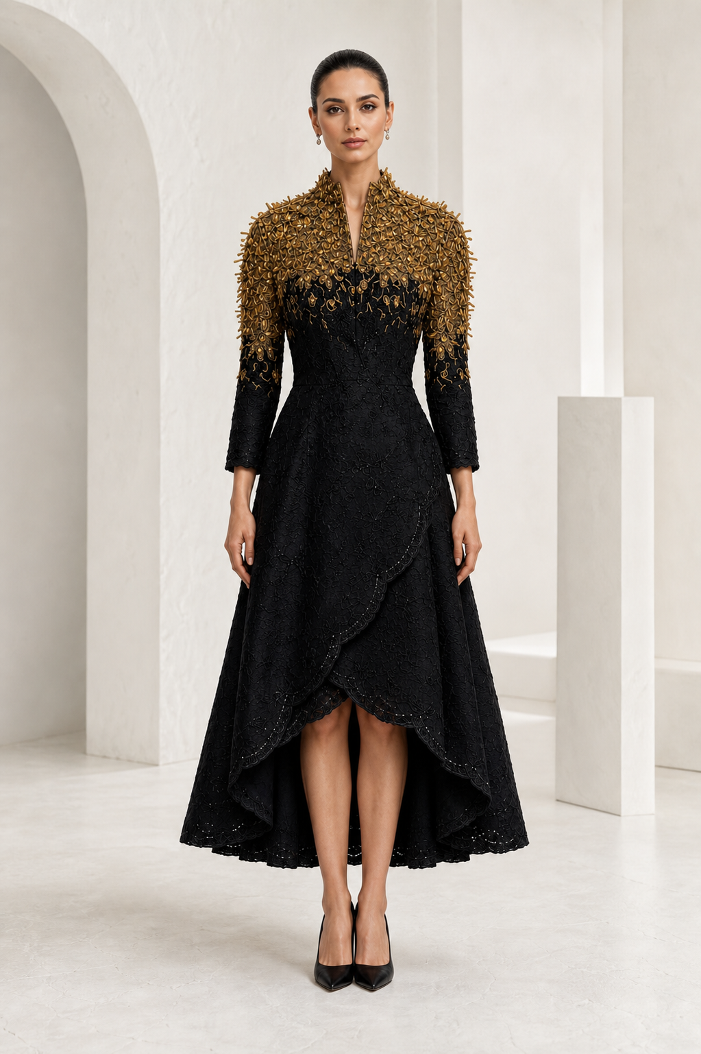 Black & Gold Embellished Tea-Length Dress