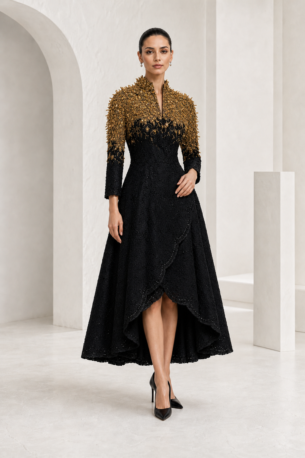Black & Gold Embellished Tea-Length Dress