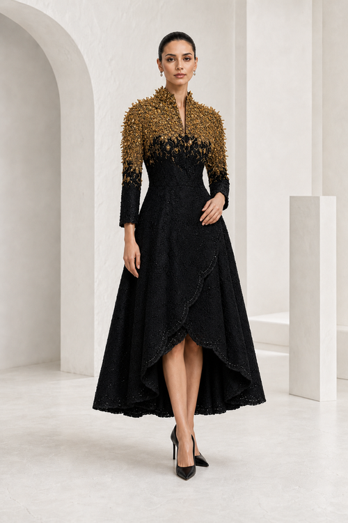 Black & Gold Embellished Tea-Length Dress