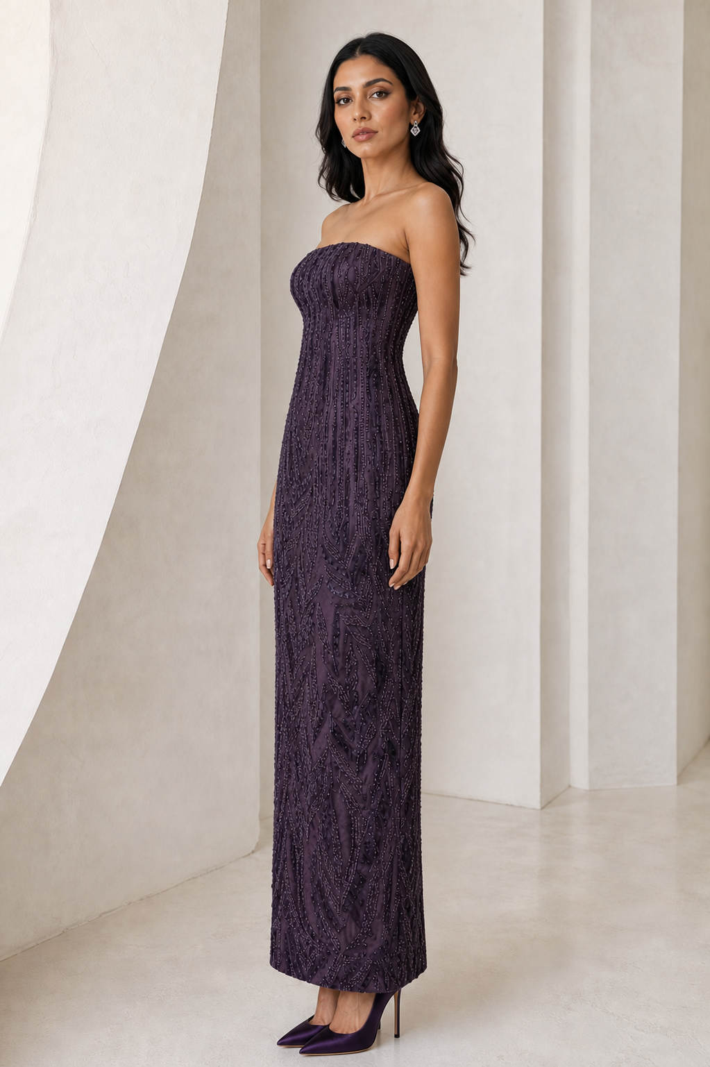 Plum Beaded Strapless Midi Gown