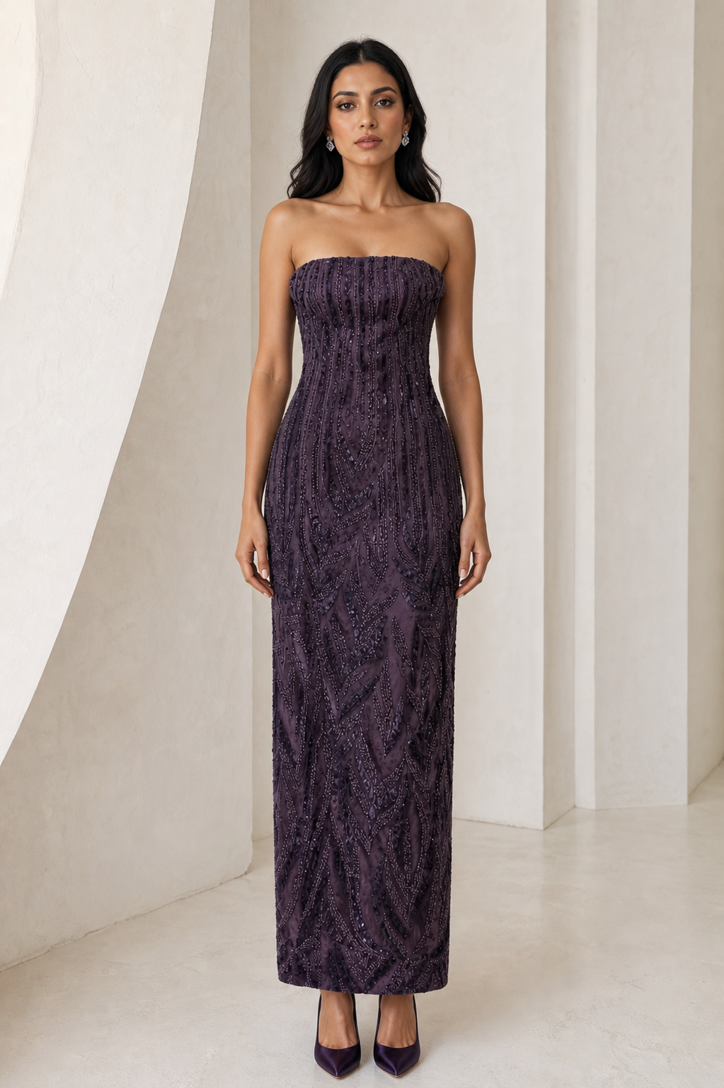 Plum Beaded Strapless Midi Gown
