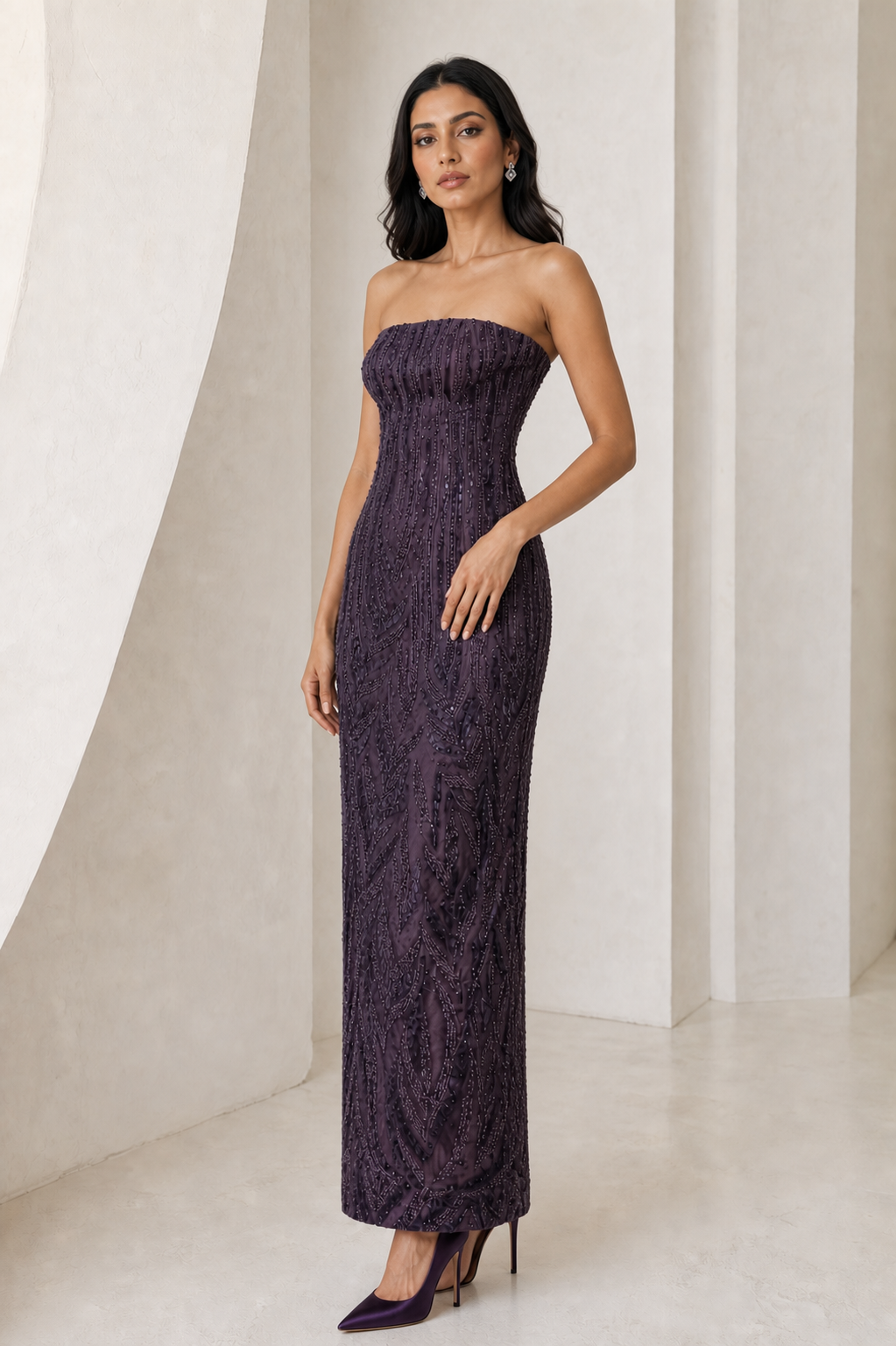 Plum Beaded Strapless Midi Gown