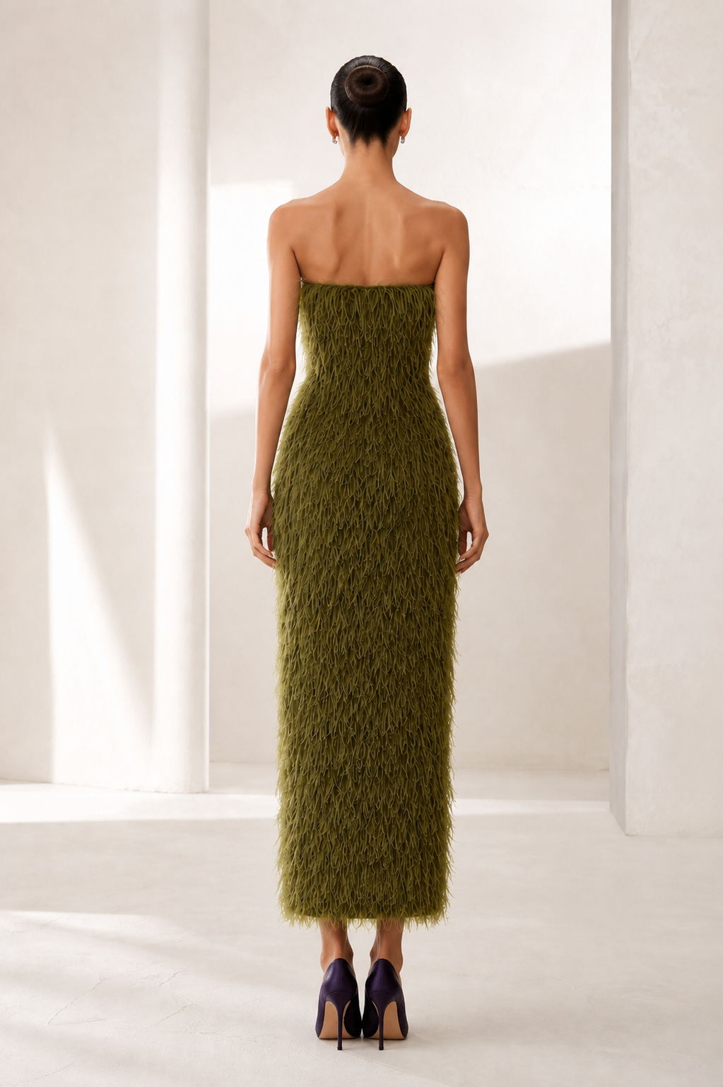 Olive Feather Strapless Midi Dress