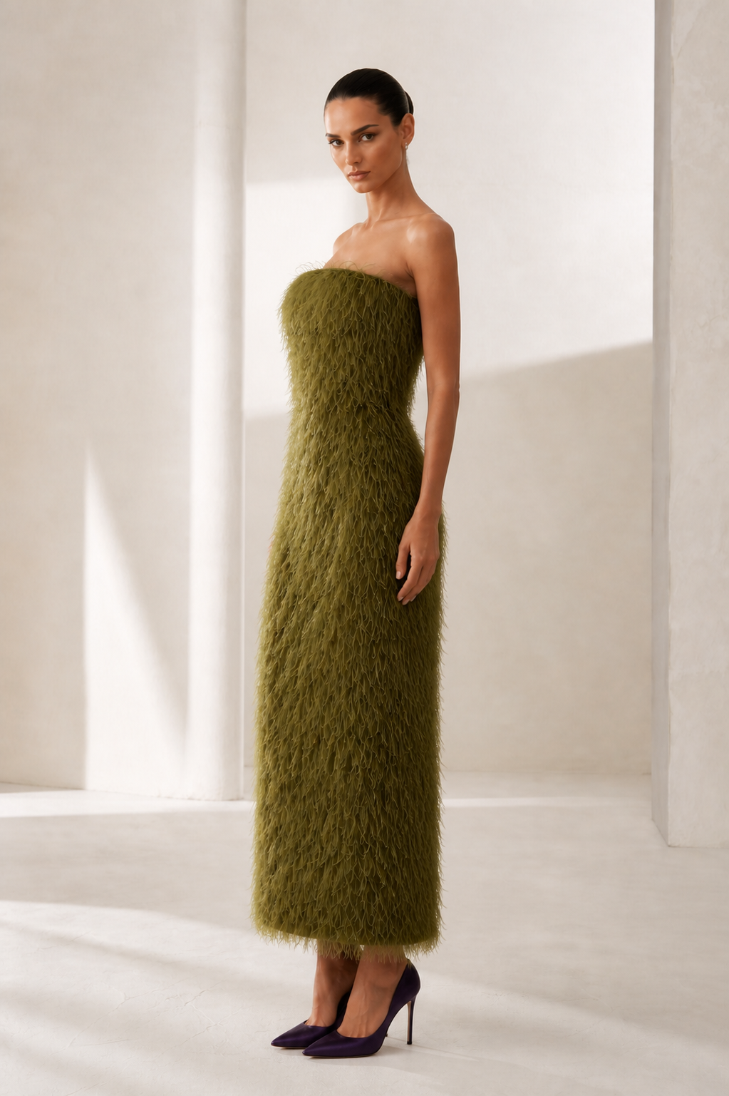 Olive Feather Strapless Midi Dress