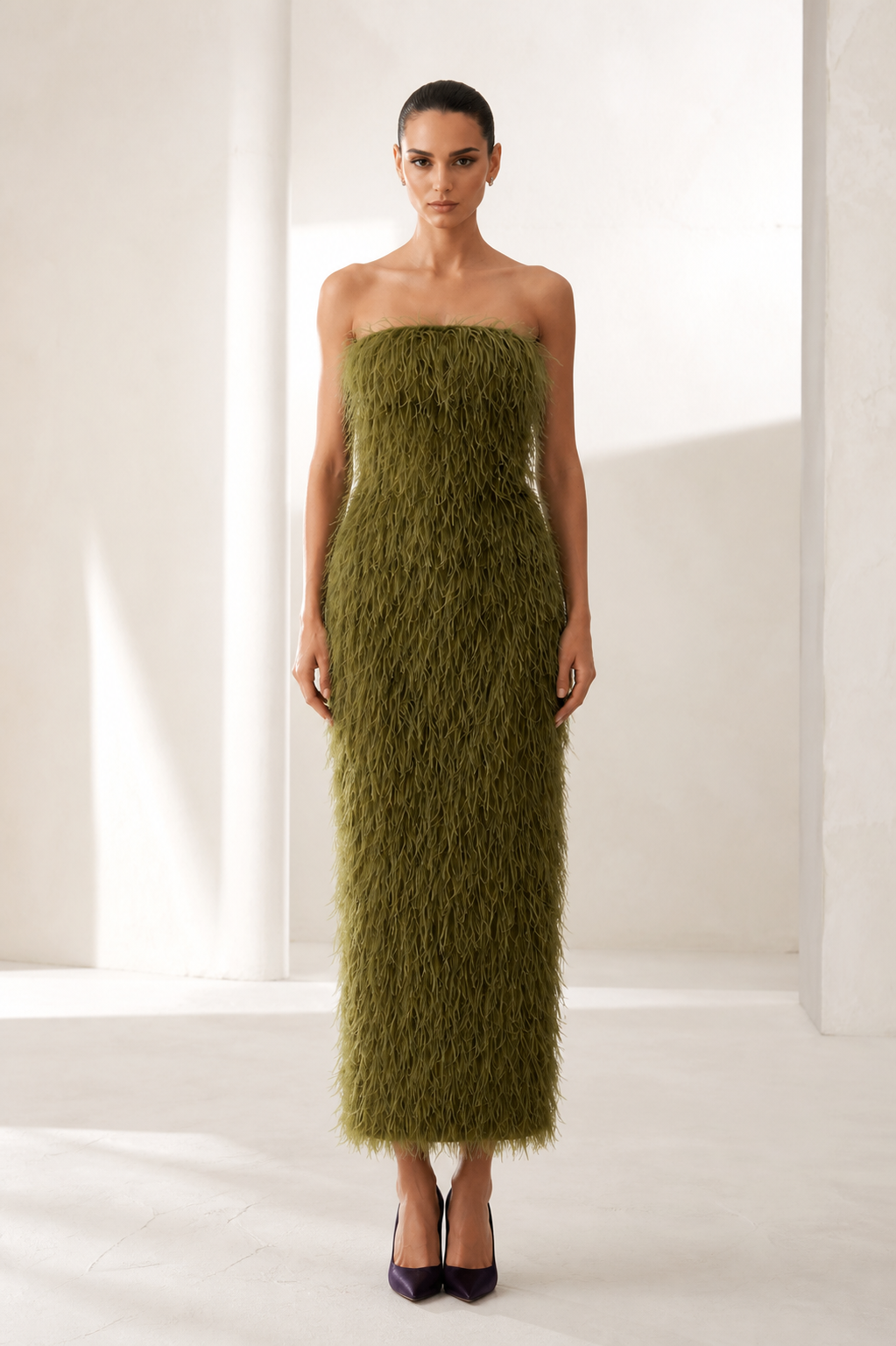 Olive Feather Strapless Midi Dress