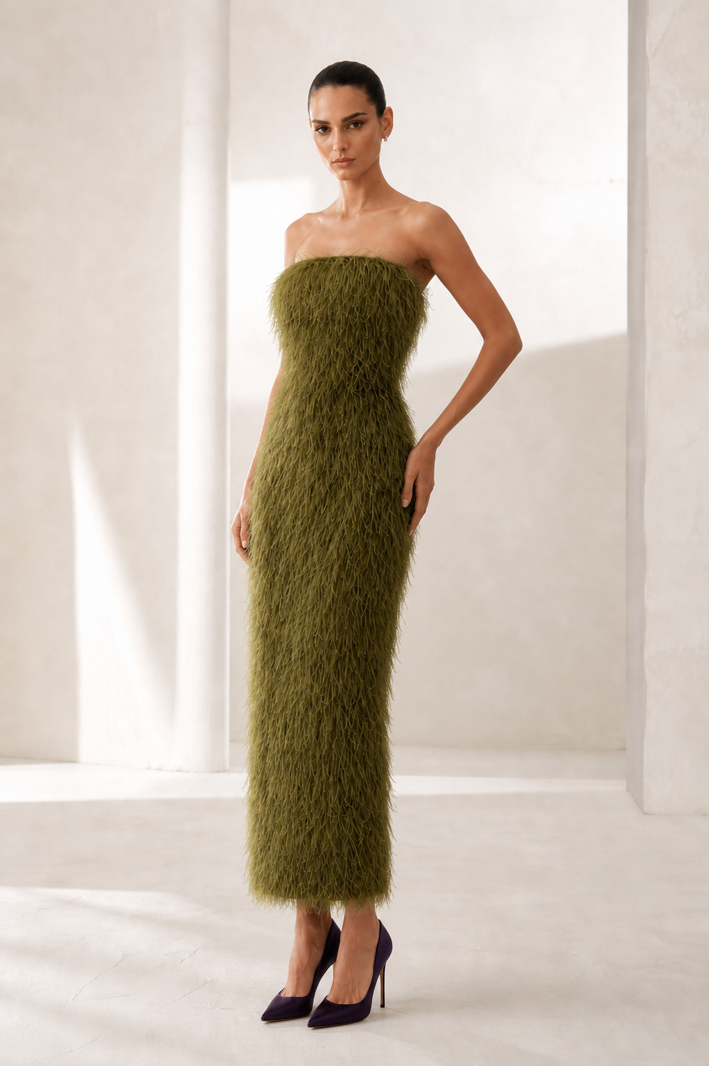 Olive Feather Strapless Midi Dress
