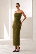 Olive Feather Strapless Midi Dress