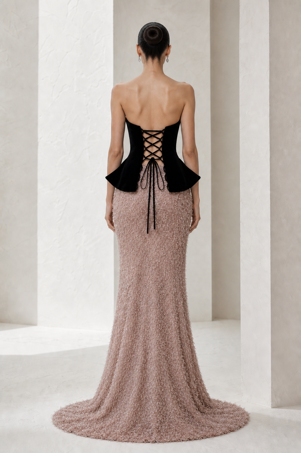 Black Velvet & Rose Tinsel Peplum Gown