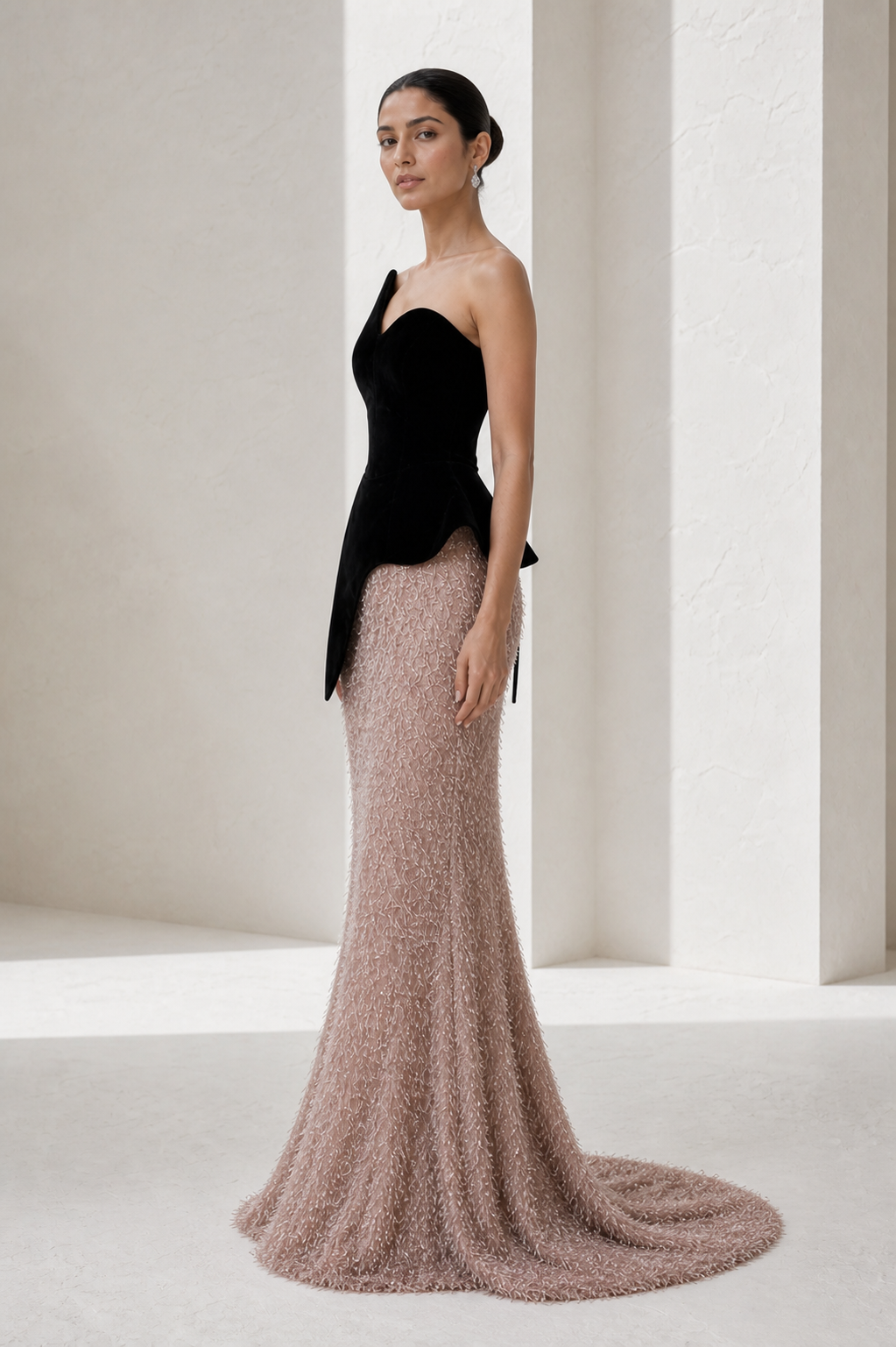 Black Velvet & Rose Tinsel Peplum Gown