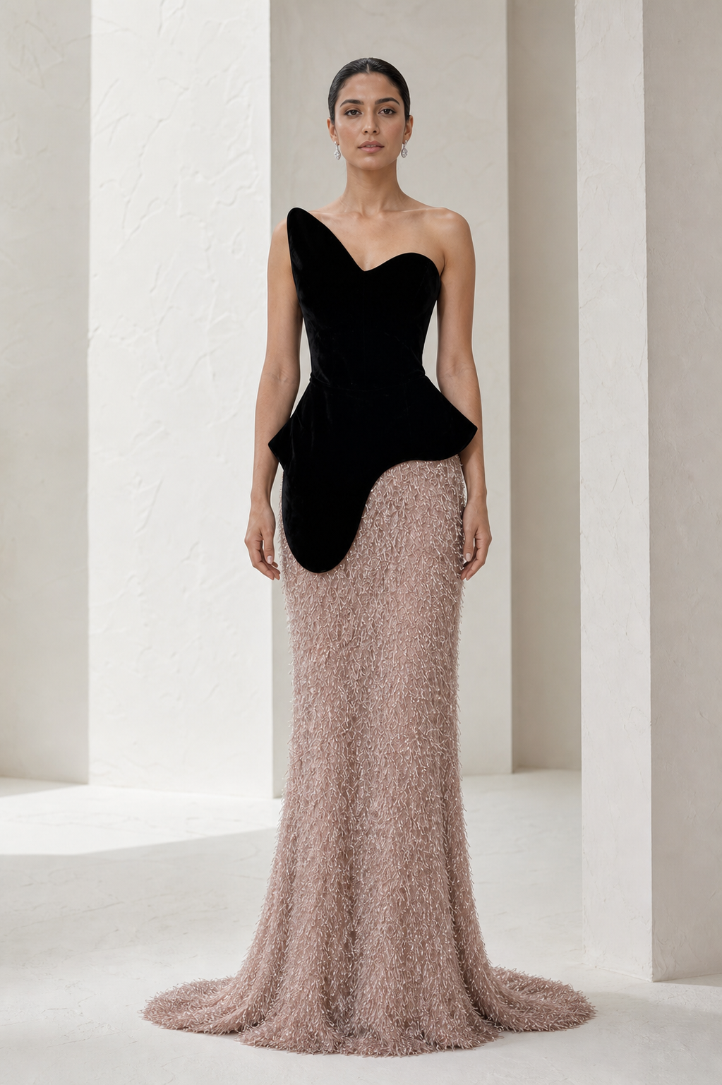 Black Velvet & Rose Tinsel Peplum Gown