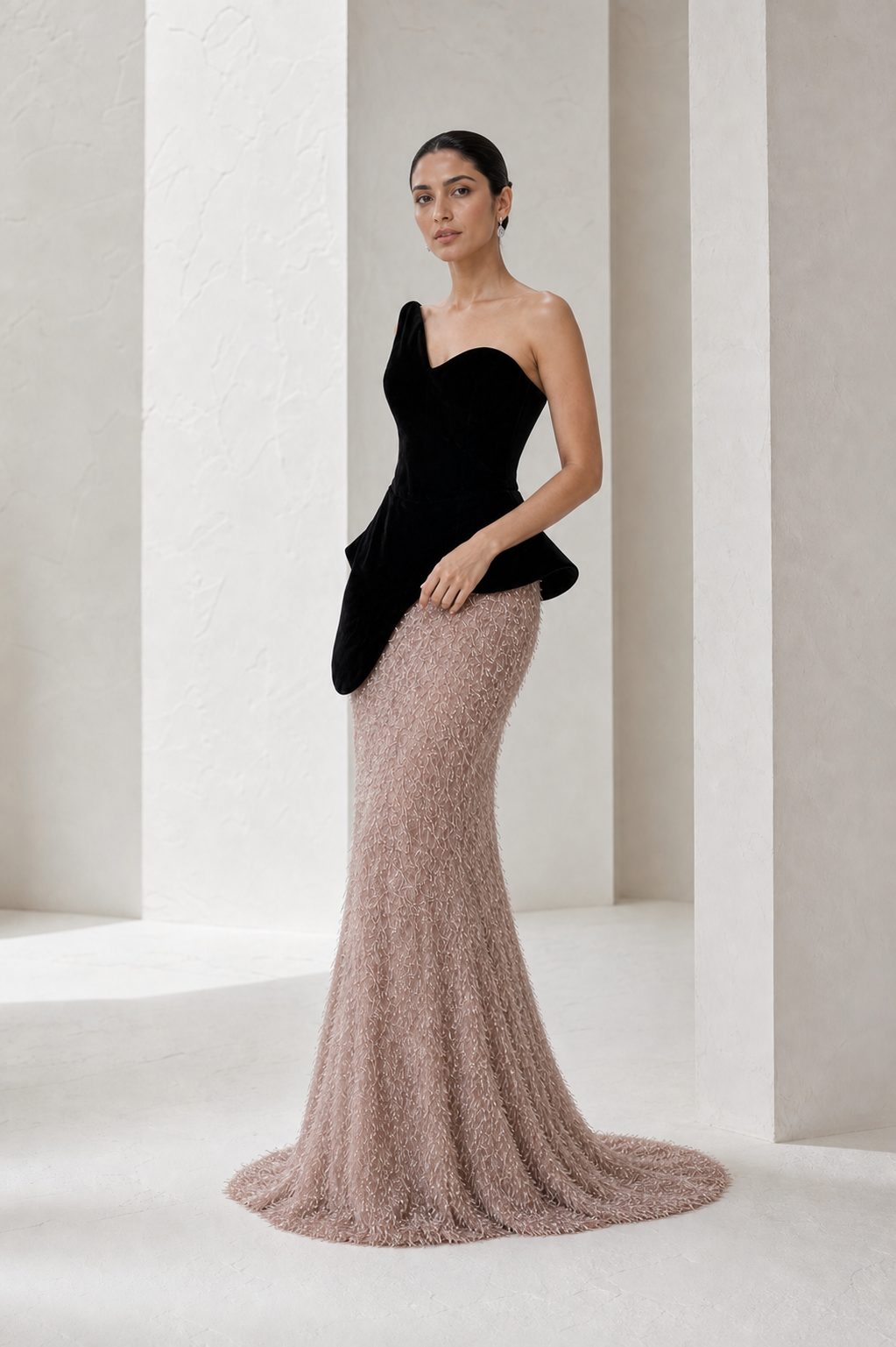 Black Velvet & Rose Tinsel Peplum Gown