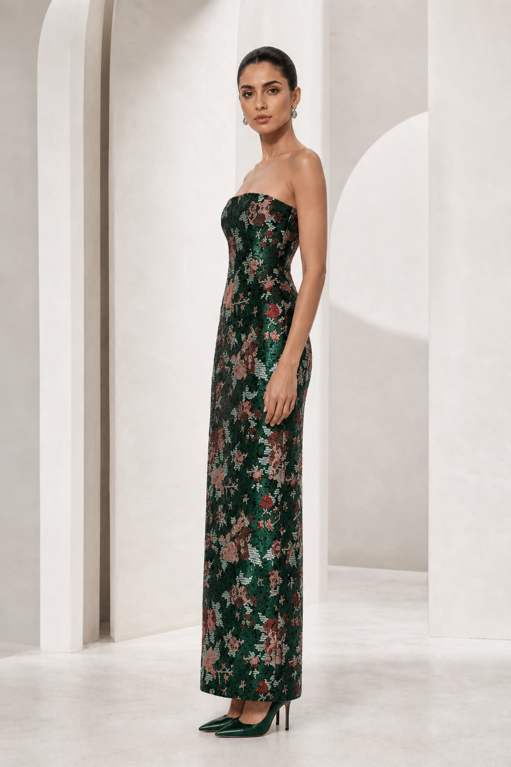 Emerald Floral Sequin Column Gown