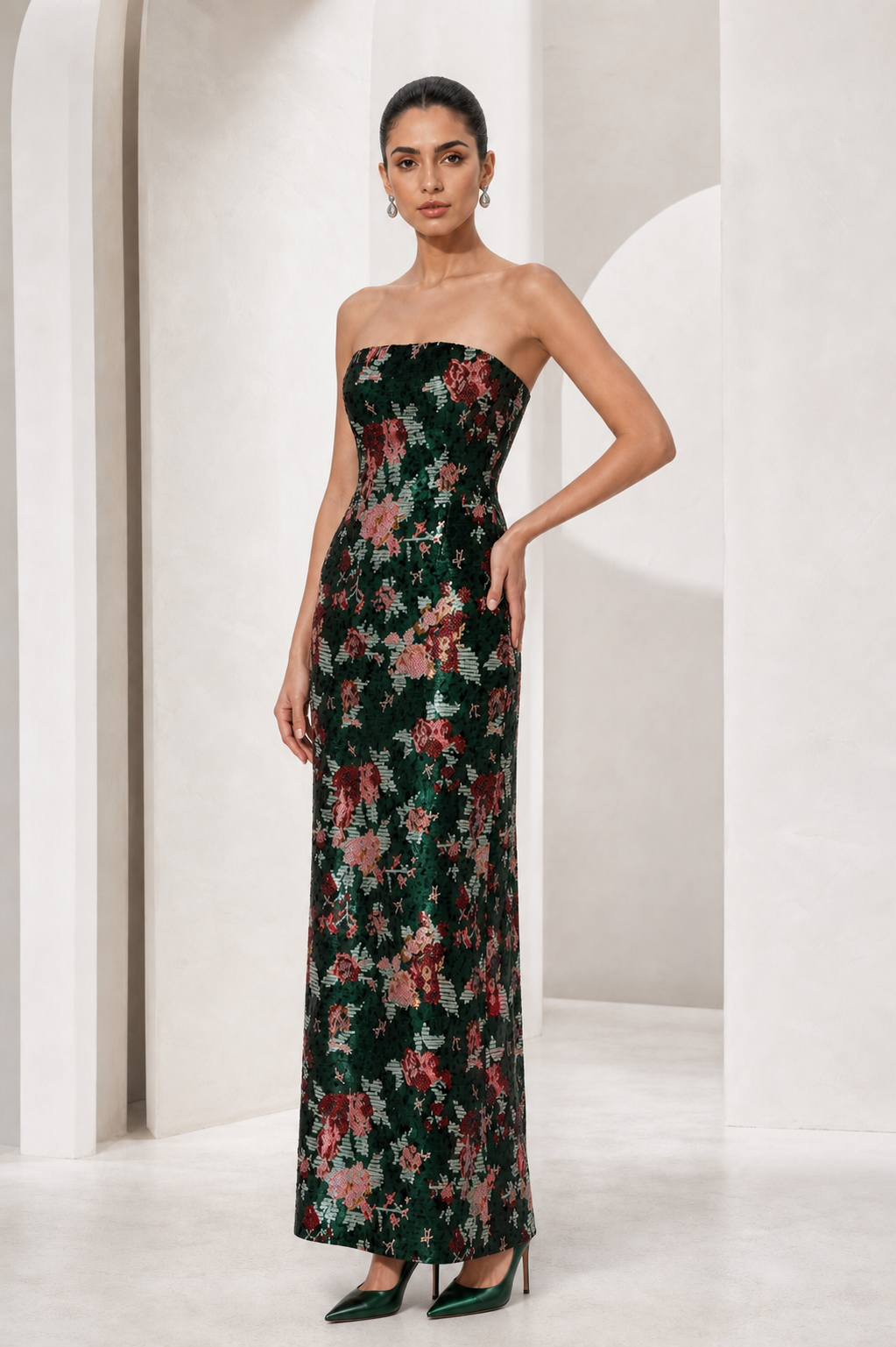 Emerald Floral Sequin Column Gown