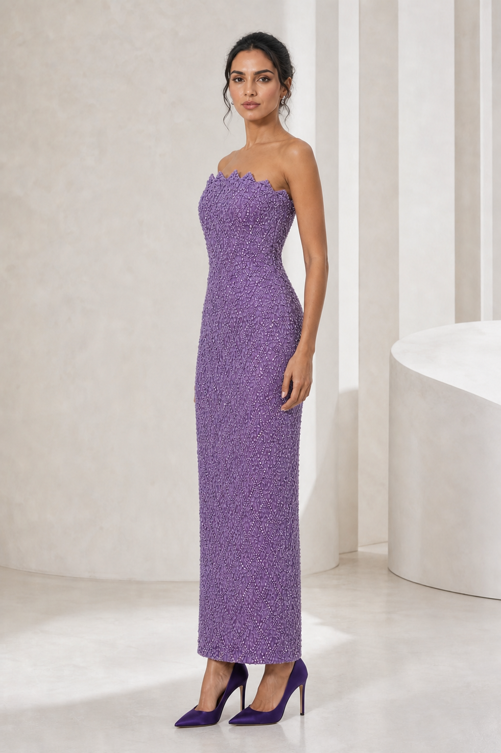 Lavender Beaded Strapless Midi Gown