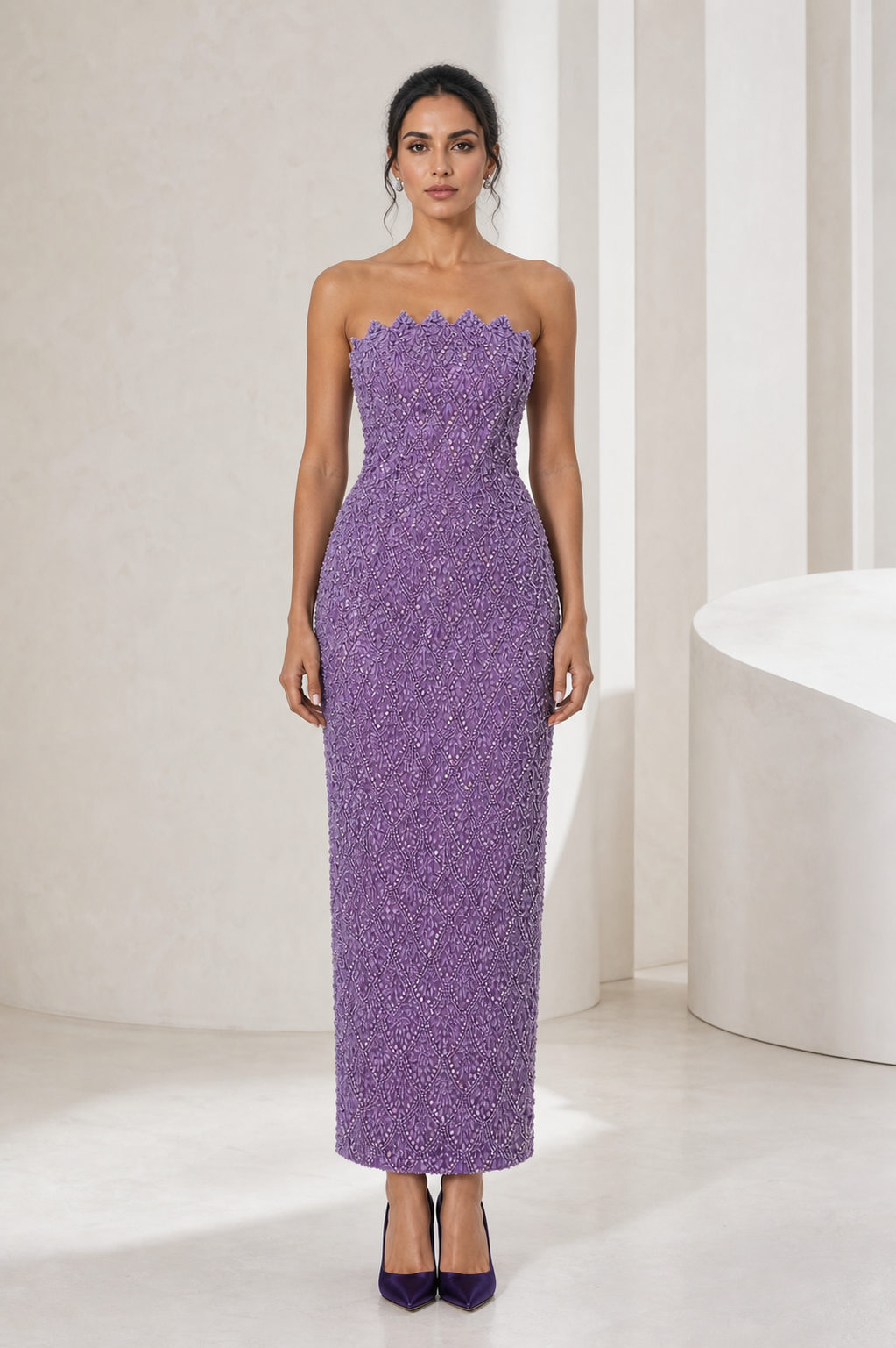 Lavender Beaded Strapless Midi Gown