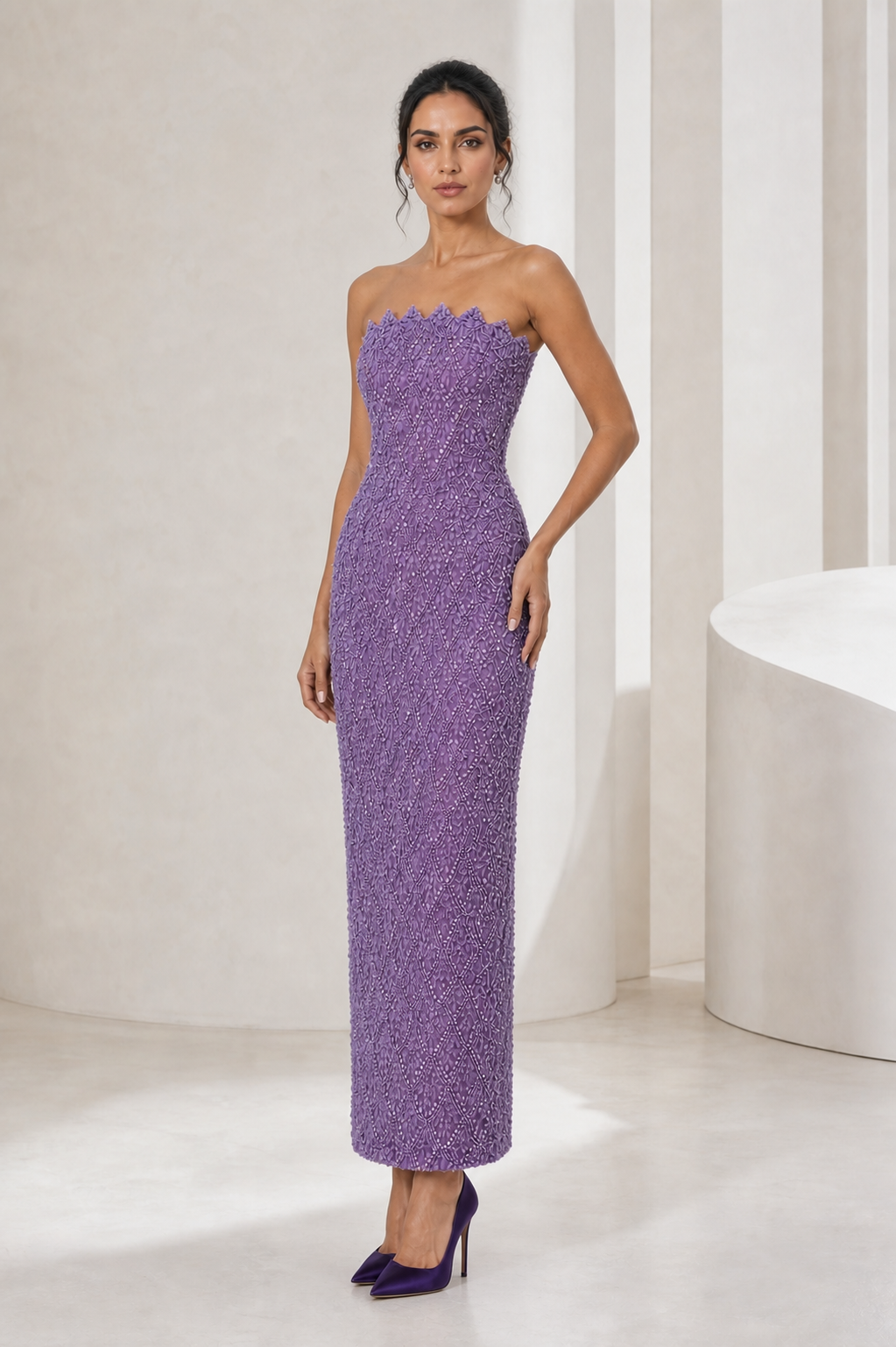 Lavender Beaded Strapless Midi Gown