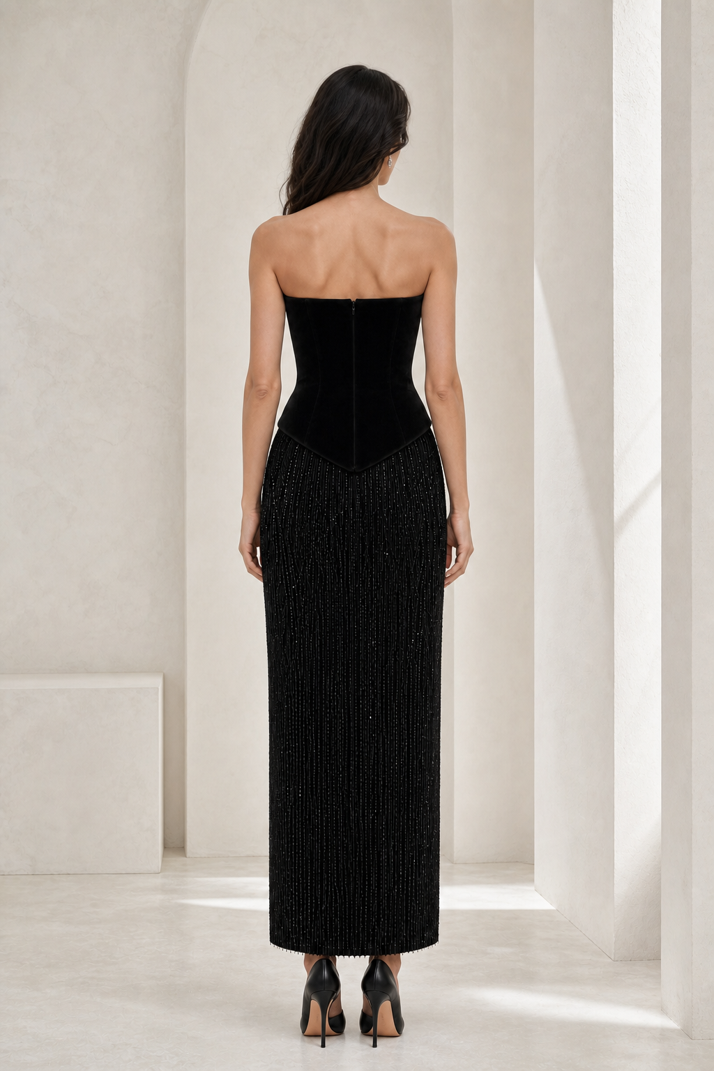 Black Velvet & Beaded Column Gown