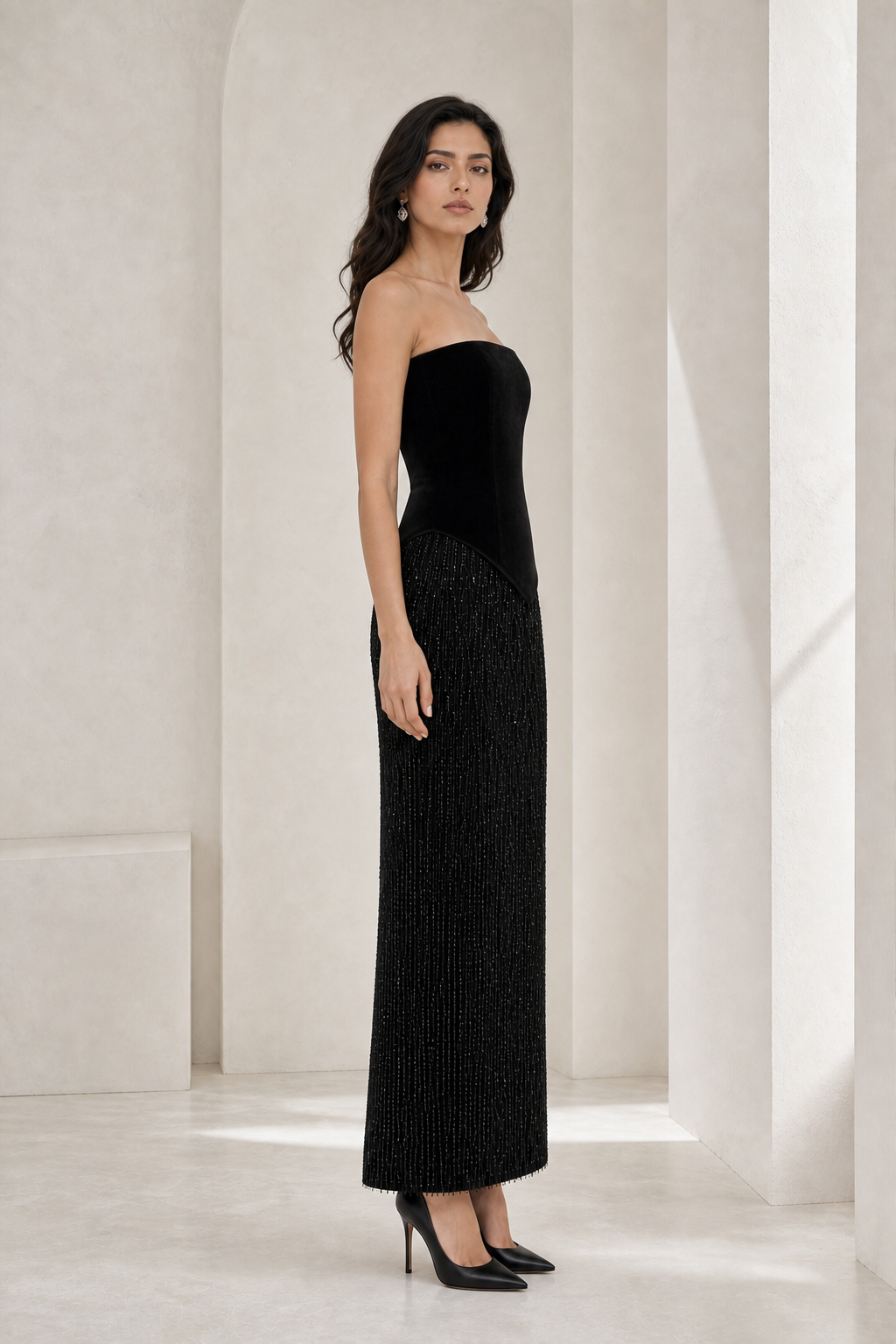 Black Velvet & Beaded Column Gown