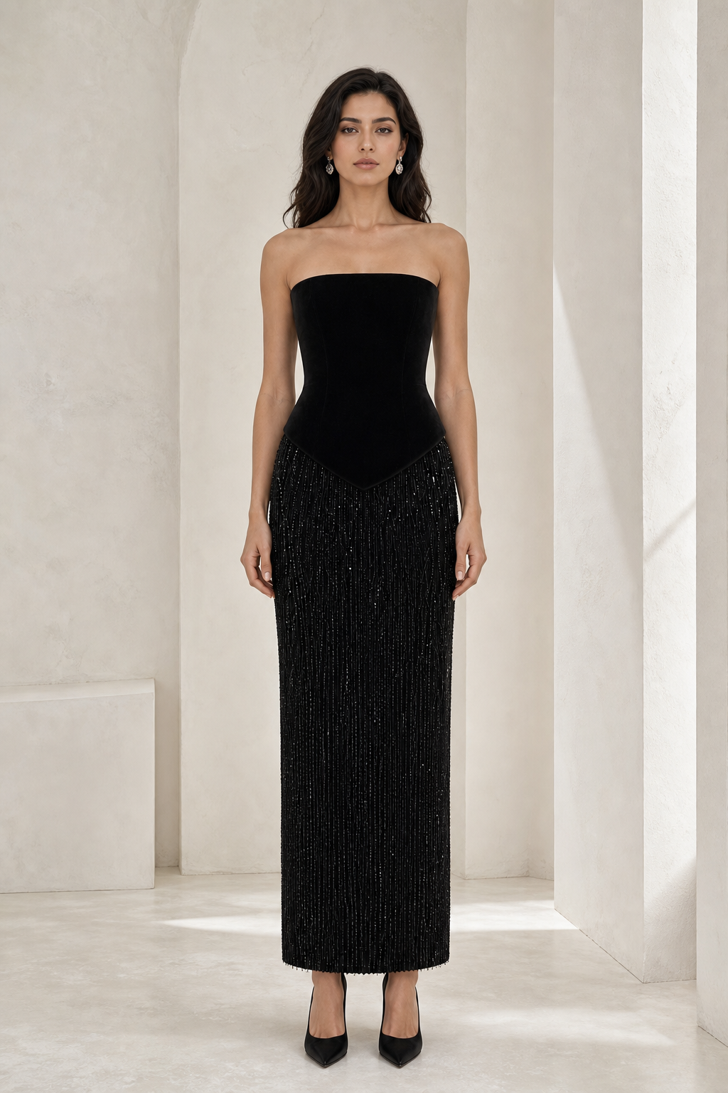 Black Velvet & Beaded Column Gown