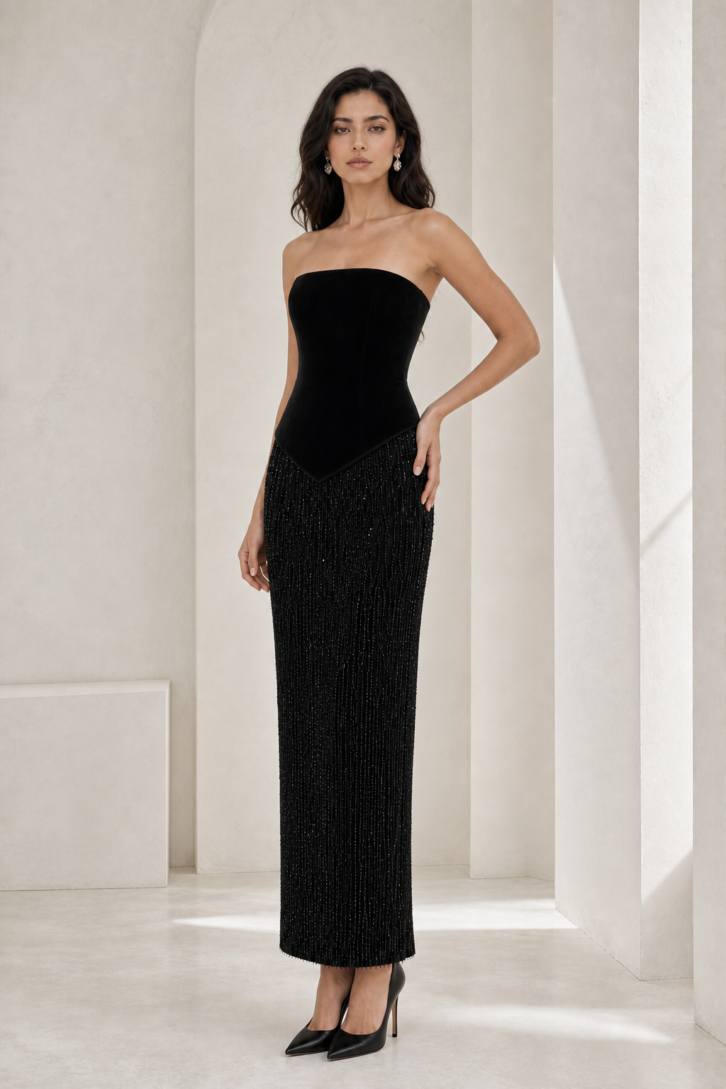 Black Velvet & Beaded Column Gown