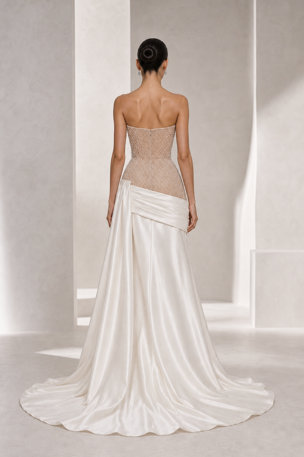 Nude Beaded Bodice Satin-Wrap Gown