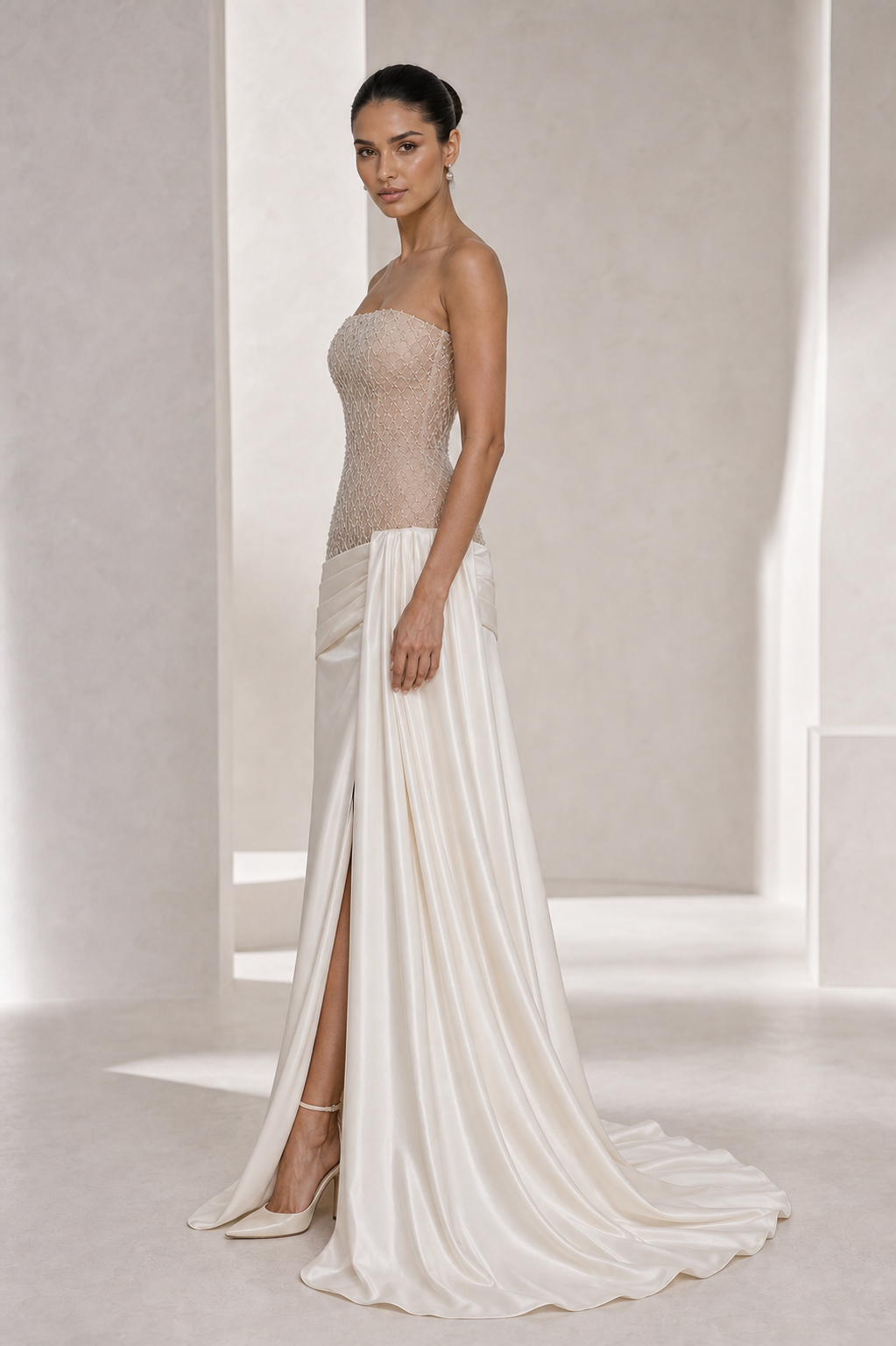 Nude Beaded Bodice Satin-Wrap Gown
