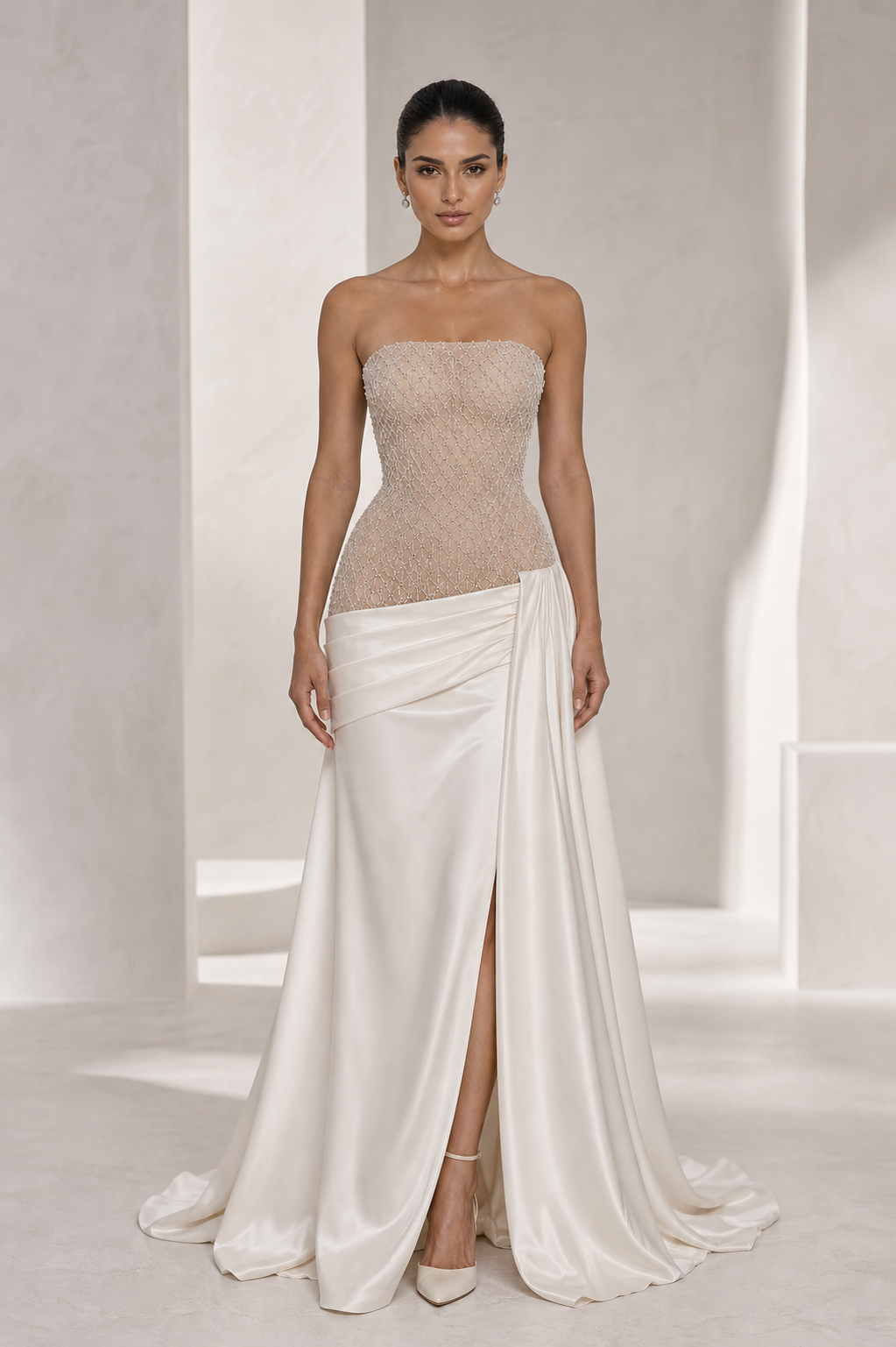 Nude Beaded Bodice Satin-Wrap Gown