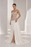 Nude Beaded Bodice Satin-Wrap Gown