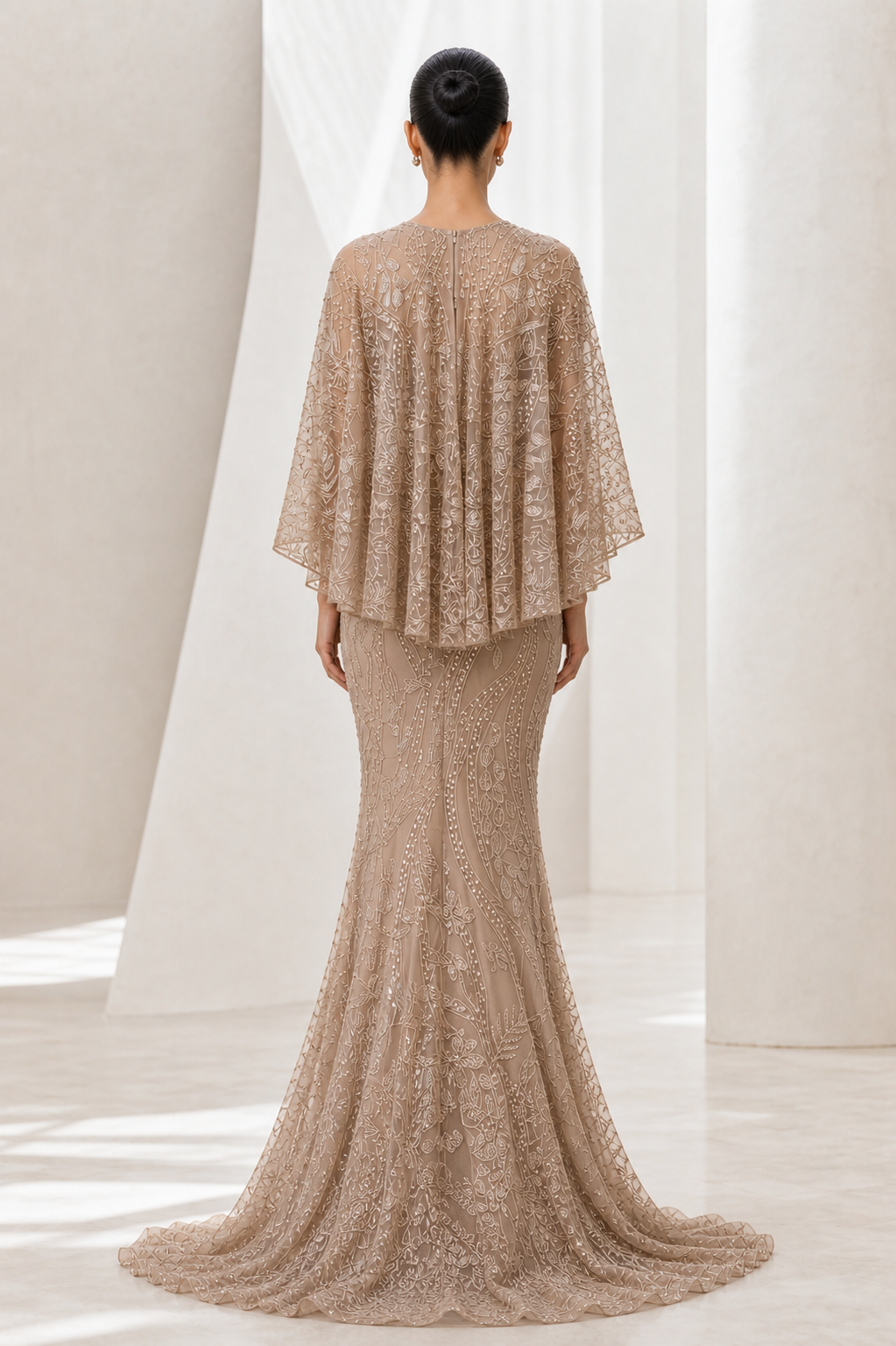Champagne Beaded Kimono-Sleeve Mermaid Gown
