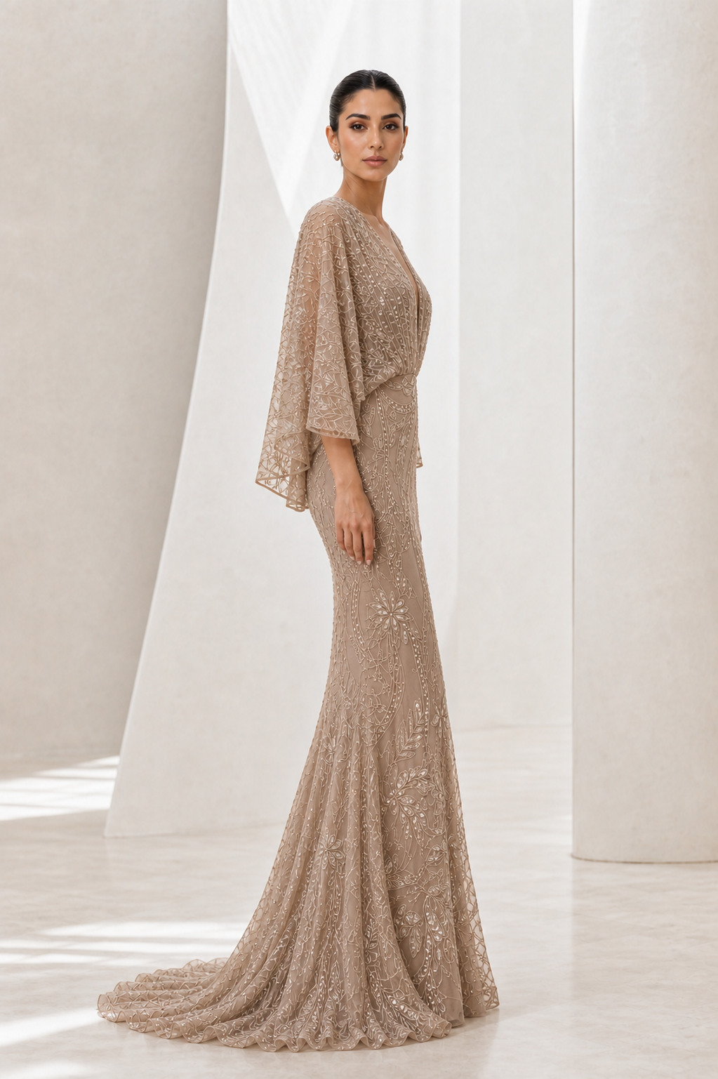 Champagne Beaded Kimono-Sleeve Mermaid Gown