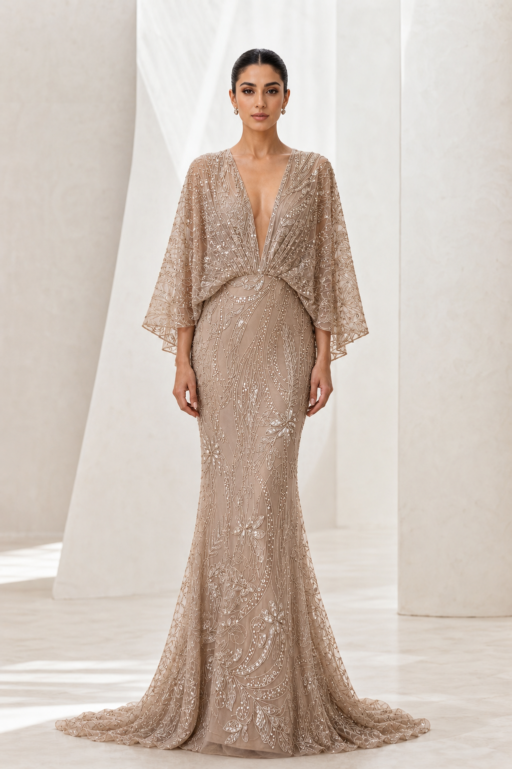 Champagne Beaded Kimono-Sleeve Mermaid Gown