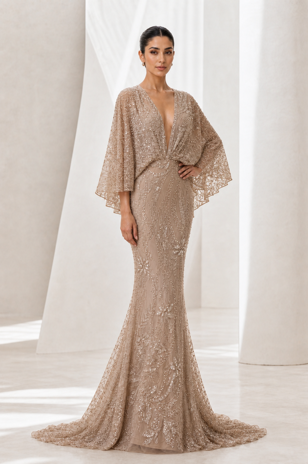 Champagne Beaded Kimono-Sleeve Mermaid Gown
