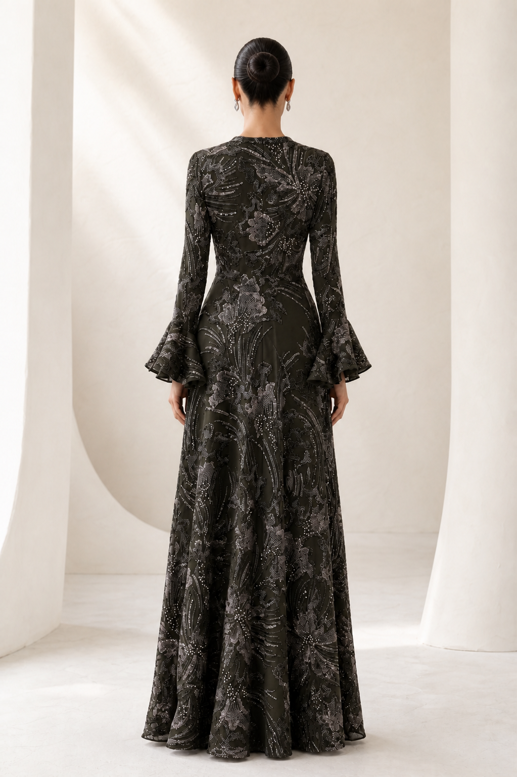 Olive Sequin Bell-Sleeve Ruffle Gown