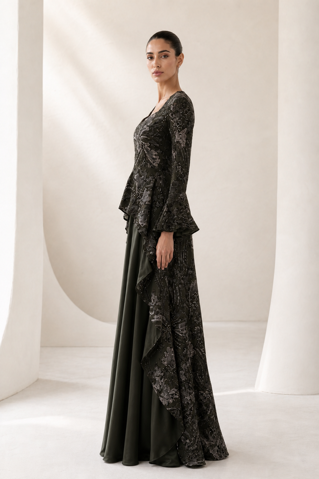 Olive Sequin Bell-Sleeve Ruffle Gown